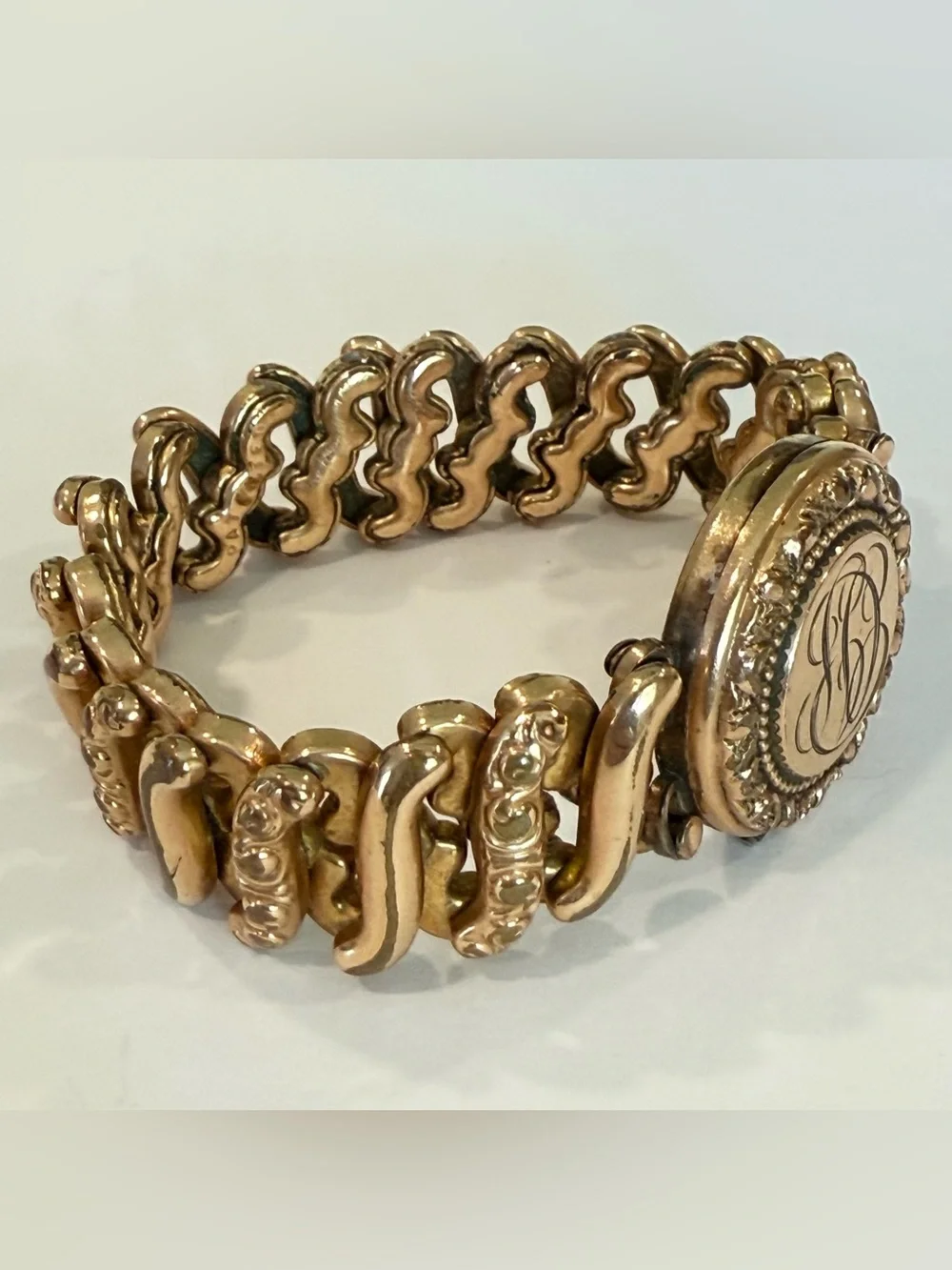 Vintage Rolled Gold Expansion Bracelet Photo Locket Monogram Victorian Style - Picture 8 of 16